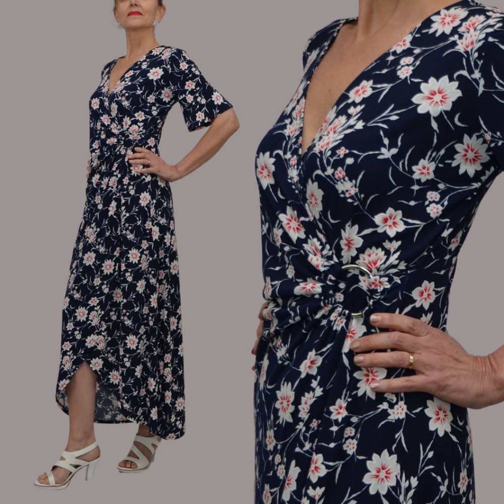 Glamour Egypt | V Neck Bell Sleeve High Low Dress | Size 6 | Blue Multi